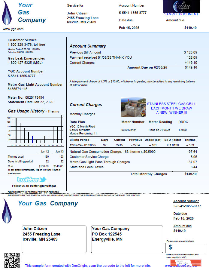 USA Your Gas Company utility bill template in Word and PDF formats